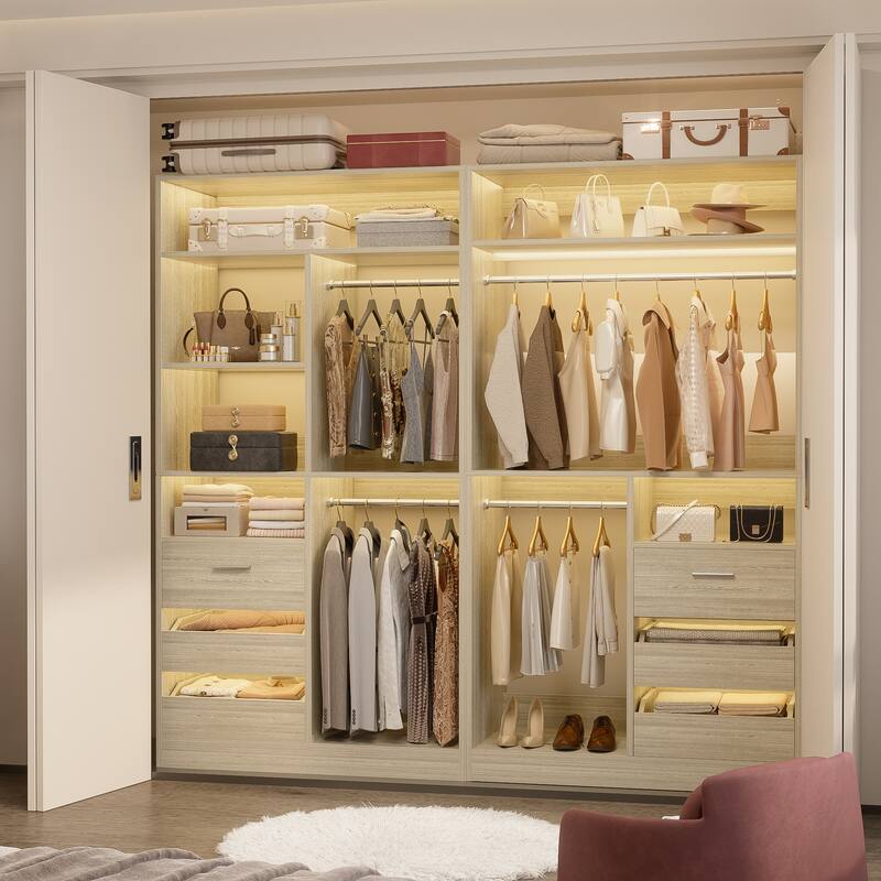 Qvella 72'' Closet System with 6 Wooden Drawers and 4 Hanging Rods, Walk-in Closet Organizer with 10 Storage Shelves - White Oak