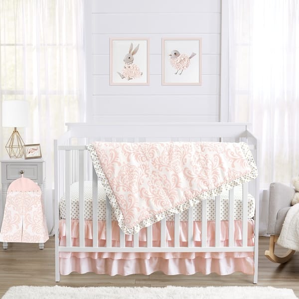 slide 2 of 6, Sweet Jojo Designs Blush Pink Amelia Damask Collection 4-piece Bumperless Crib Bedding Set