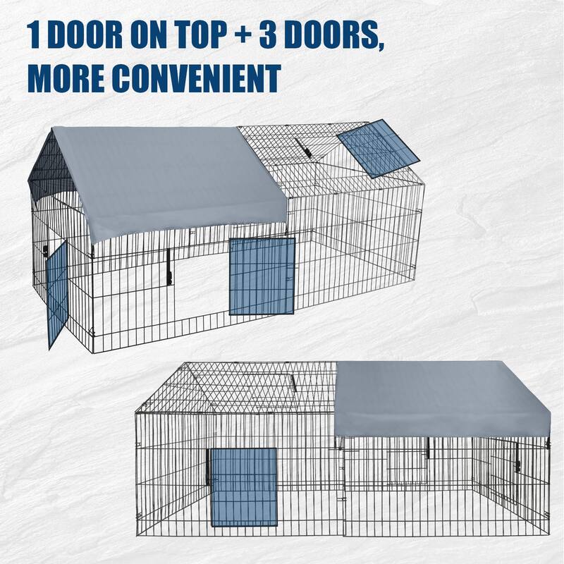 86"L x 40"W x Large Metal Chicken Coop, Metal Pet Playpen With Waterproof Cover, Outdoor Backyard Farm Pet Playpen - gray