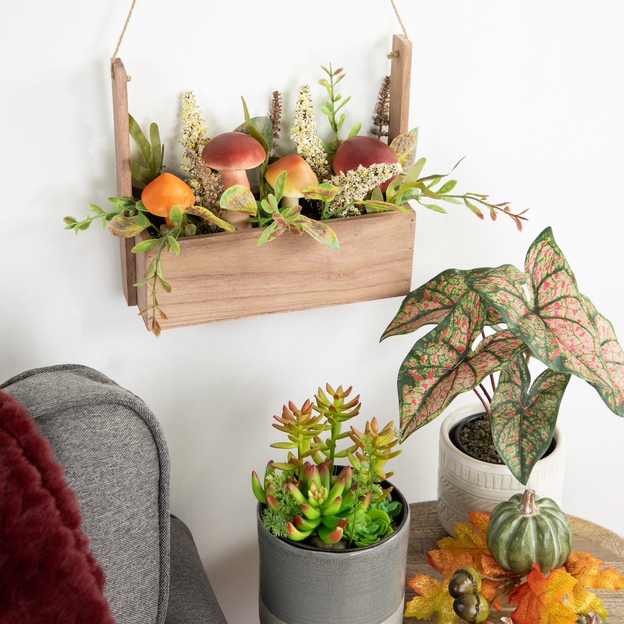 Mushroom Foliage Wood Box Artificial Fall Hanging Arrangement 19"