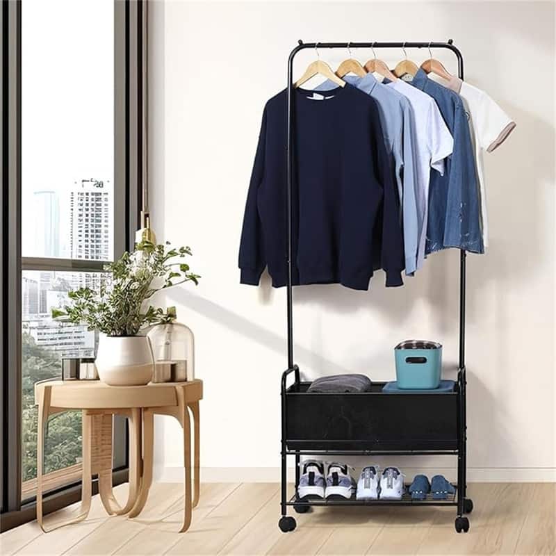 Rolling Laundry Cart with Storage Basket and Hanging Bar - 41.4"D x 22.6"W x 173.5"H