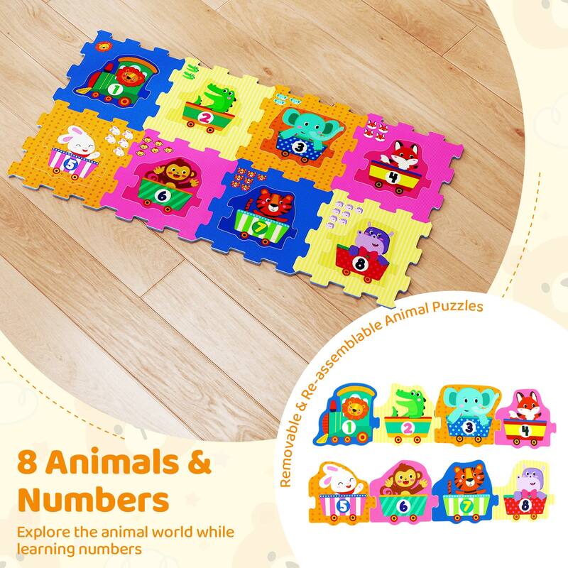 Gymax 8 PCS Kids Play Mat w/Detachable Animal Train Patterns for Aged - Multicolor