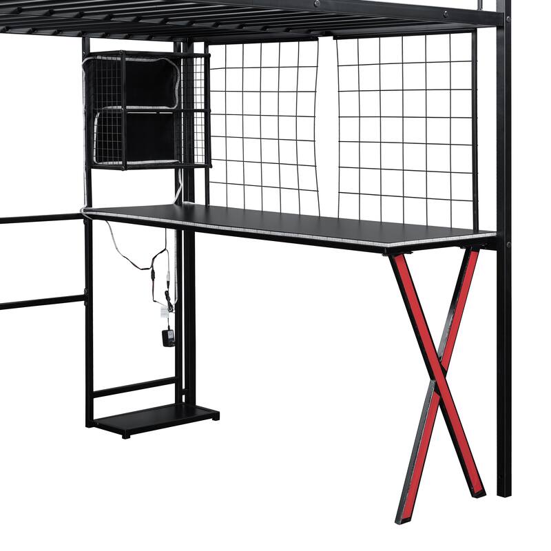 Metal High Loft Bed Frame with Guardrail, Full Size LED Loftbed with Built-in Work Station, Storage Staircase and Wardrobe