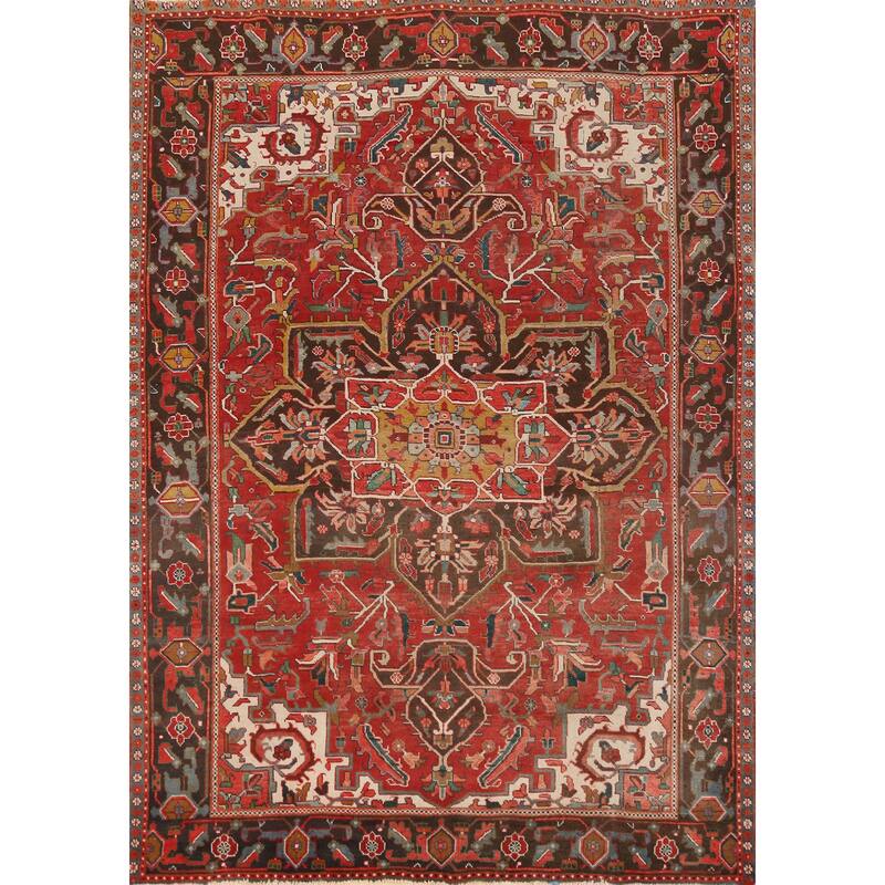 Hand Knotted Oriental 100% Wool Carpet Traditional Floral Red Heriz Area Rug - 9' 7'' X 7' 2''