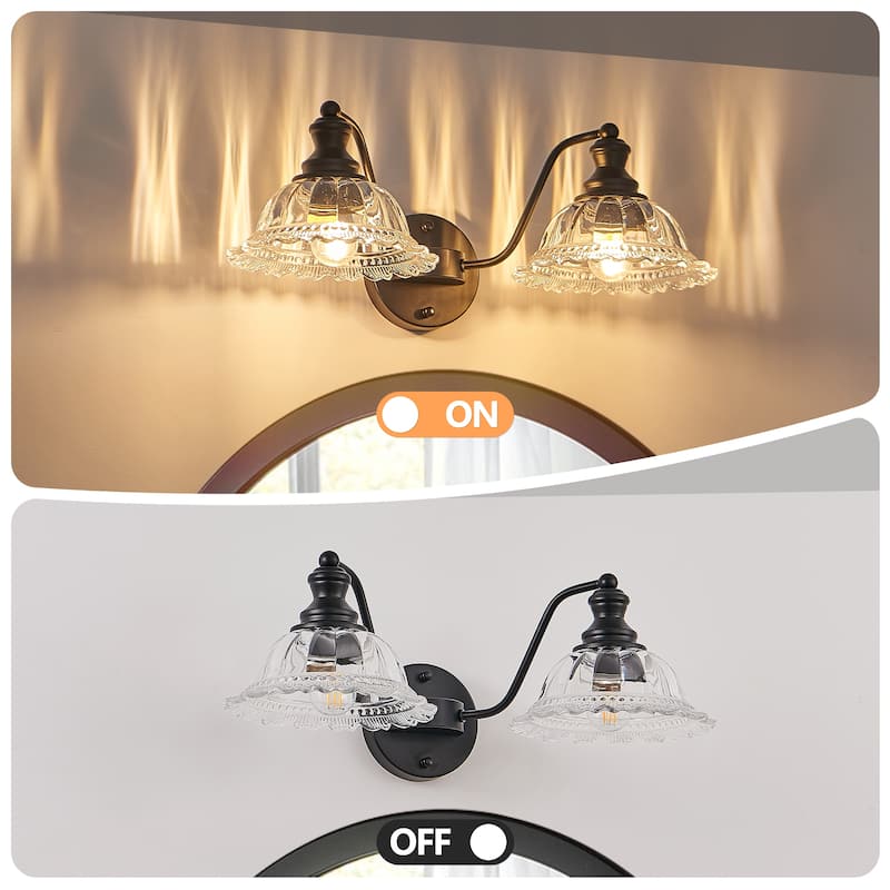 20 Inch 2-Light Vintage Bathroom Wall Sconce - Elegant Black, Metal and Glass Lampshade Vanity Light Fixture