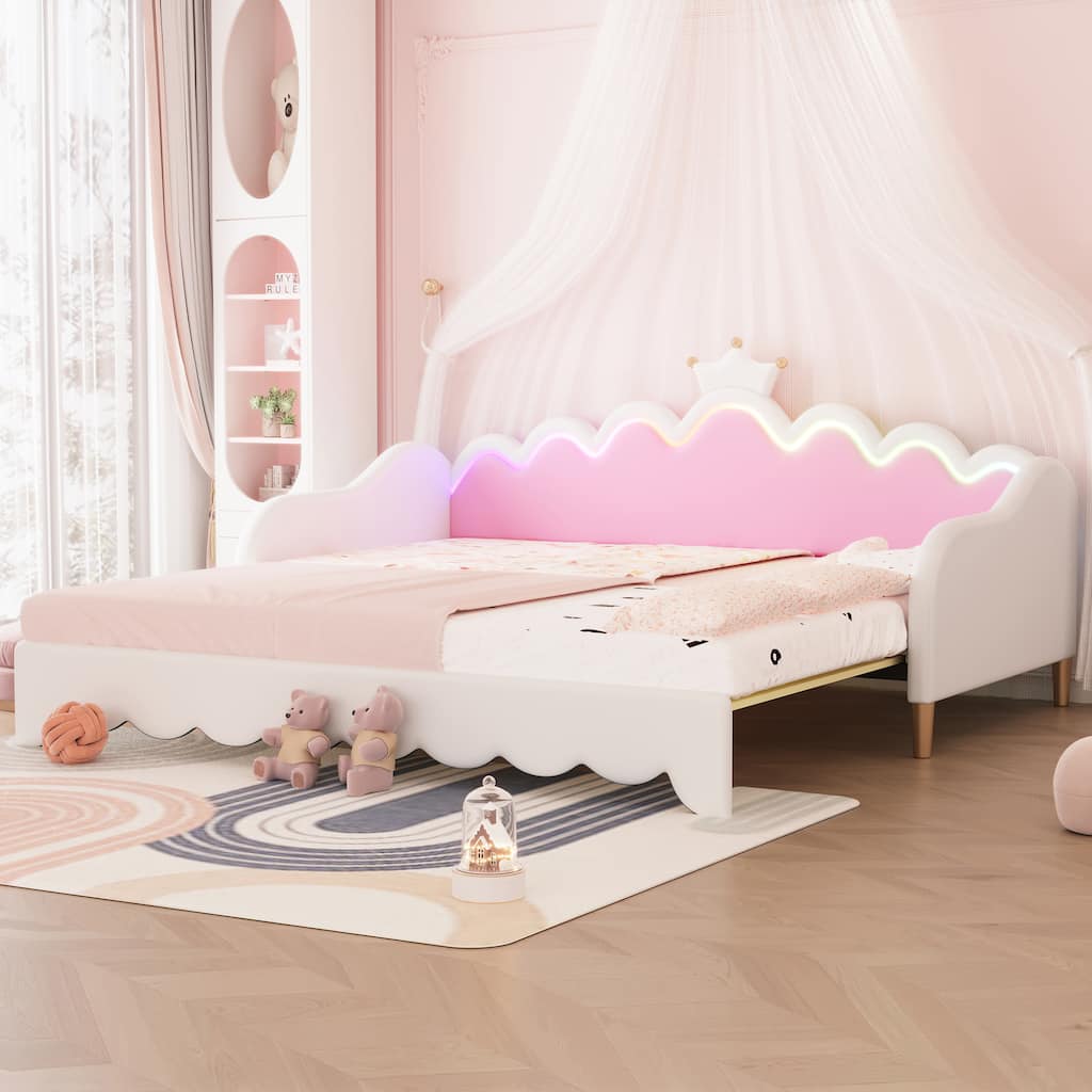 White Twin Princess Upholstered Daybed with LED & Crown Headboard