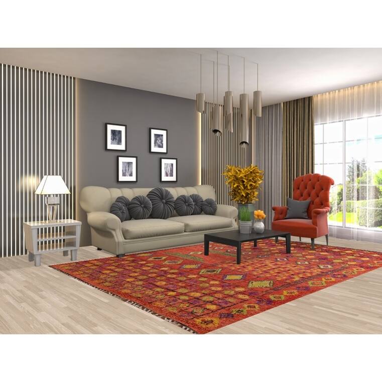 Orange Moroccan Oriental Area Rug Hand-Knotted Wool Carpet - 6'9" x 10'2"