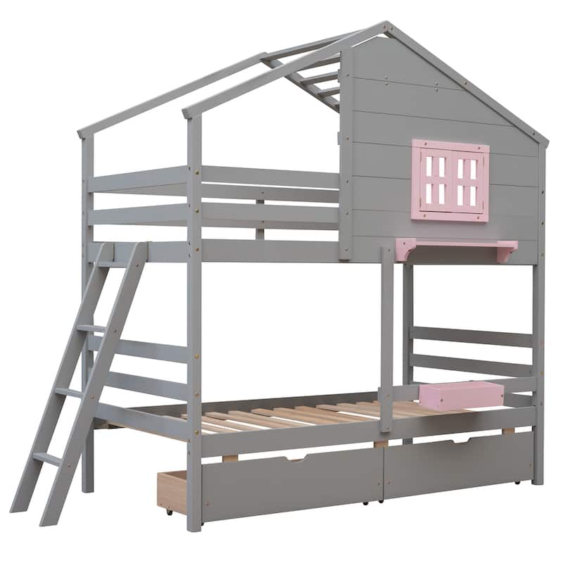 Twin over Twin Bunk Bed with 2 Drawers and Shelf, Window & Roof
