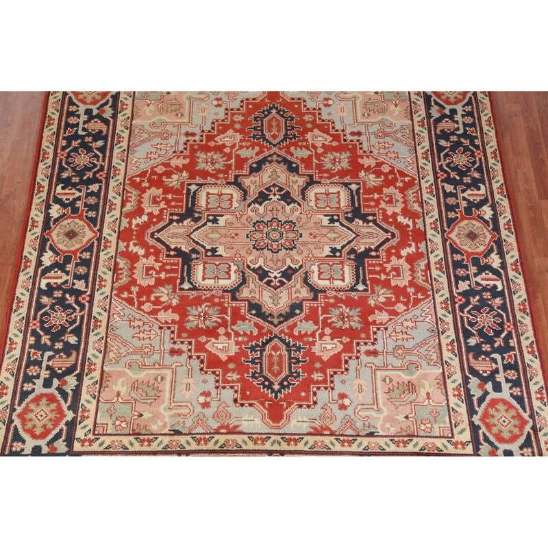 Hand Knotted Oriental 100% Wool Carpet Traditional Medallion Oranges & Rust Heriz (serapi) Area Rug - 9' 9'' X 8' 0''