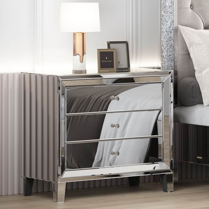 Glam Mirror Nightstand Bedside Table with 3 Drawer Chest
