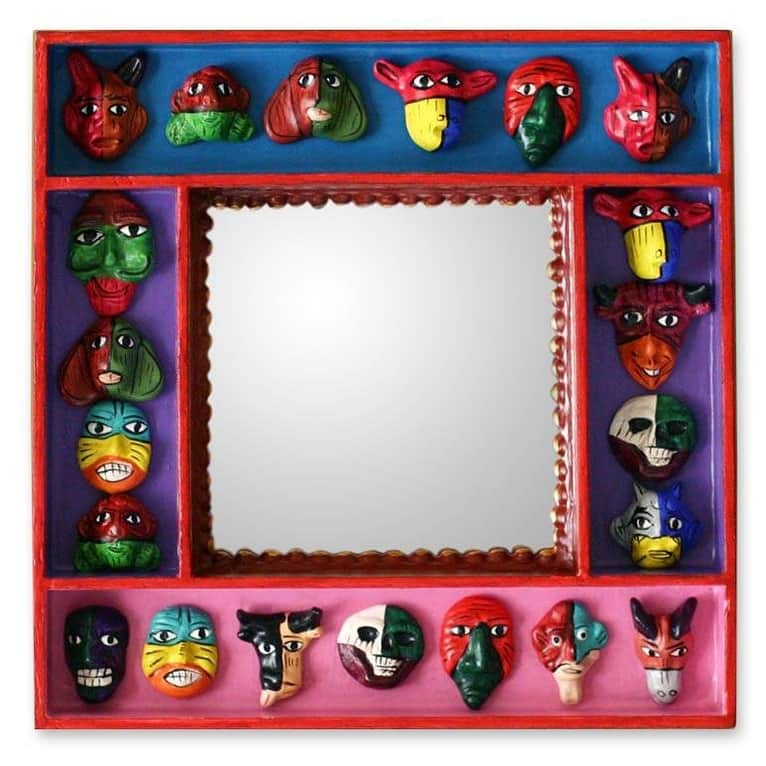 Handmade Wood 'Party of Masks' Retablo Wall Mirror(Peru) - 4.9" W x 4.9" H