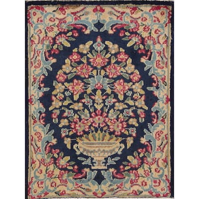 Blue Floral Kerman Persian Vintage Square Rug Hand-knotted Wool Carpet - 1'8"x 2'4"