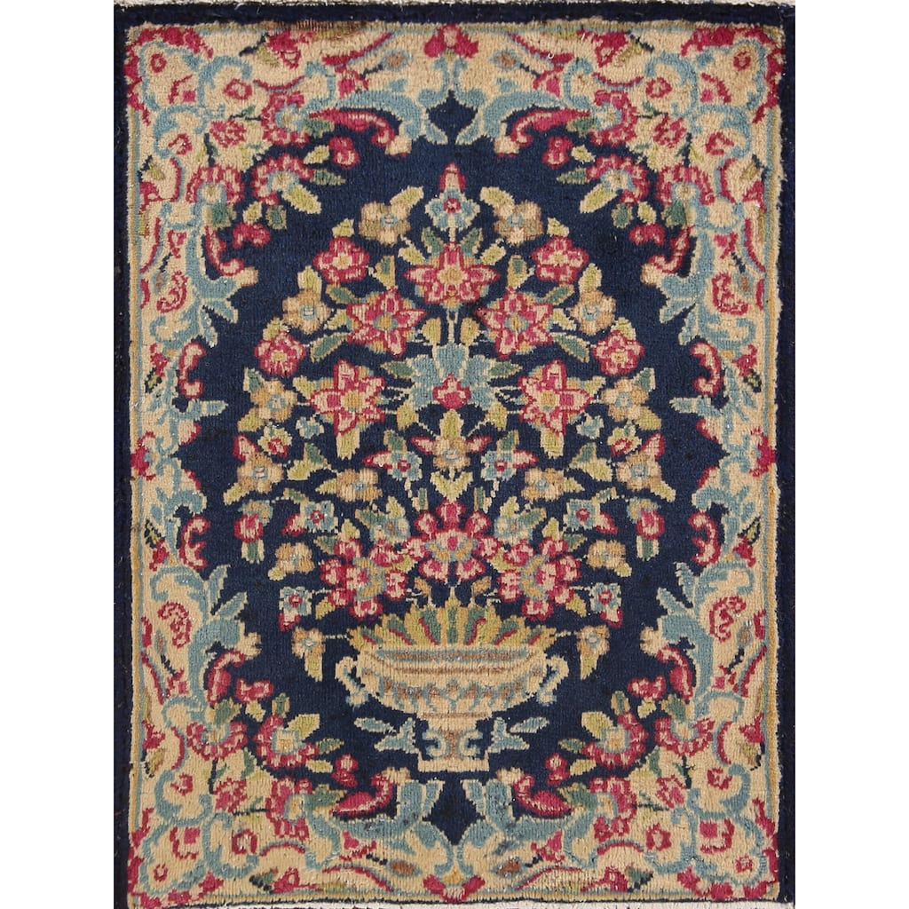 Blue Floral Kerman Persian Vintage Square Rug Hand-knotted Wool Carpet - 1'8"x 2'4"