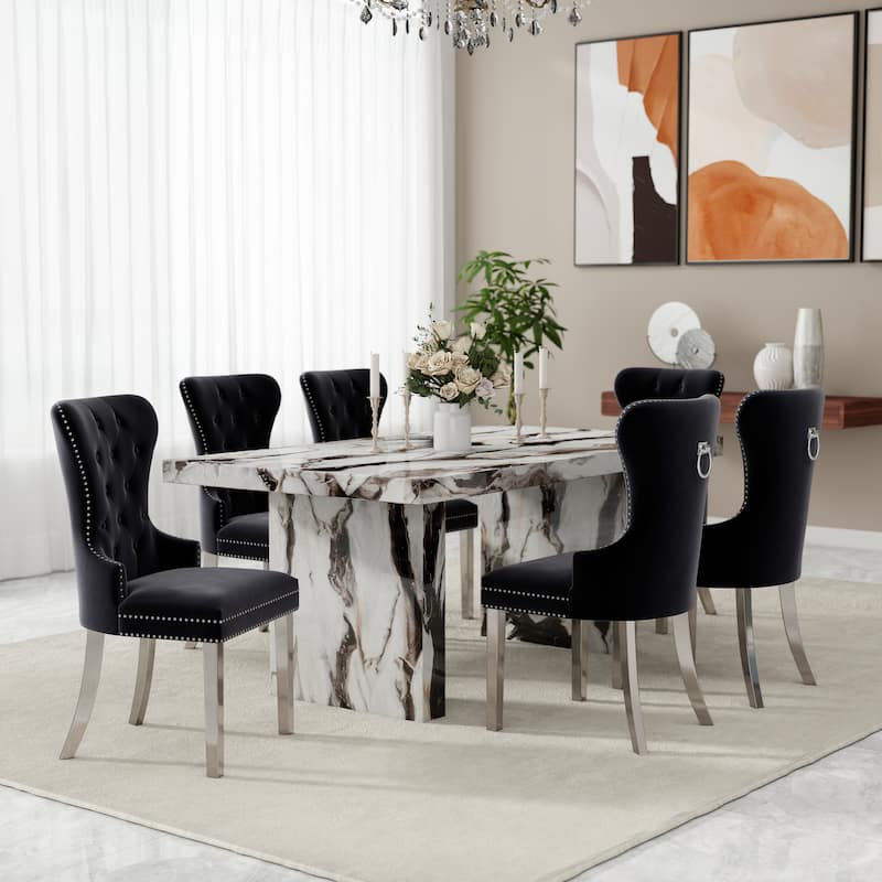 Roundhill Furniture Cavira 7-Piece Modern Faux Marble Dining Set - Black