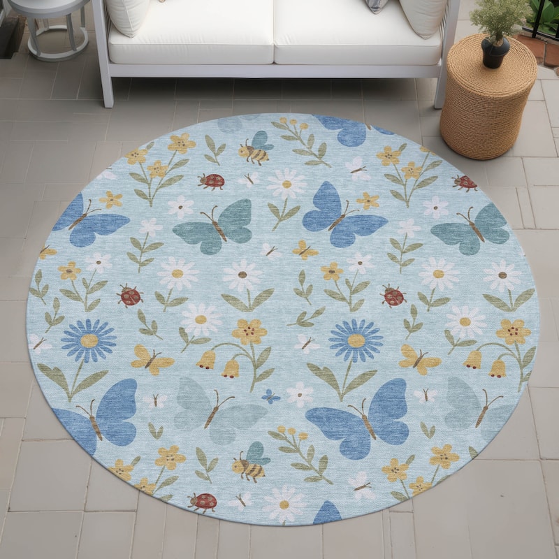 Machine Washable Indoor/ Outdoor Whimsy Butterfly Chantille Rug - Sky - 8' x 8'