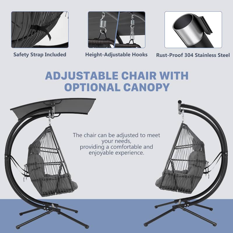 Double Hanging Egg Chair with Adjustable Canopy - Outdoor Swing Chair with Stand, Cushions & Pillows - Wicker Rattan Hammock.