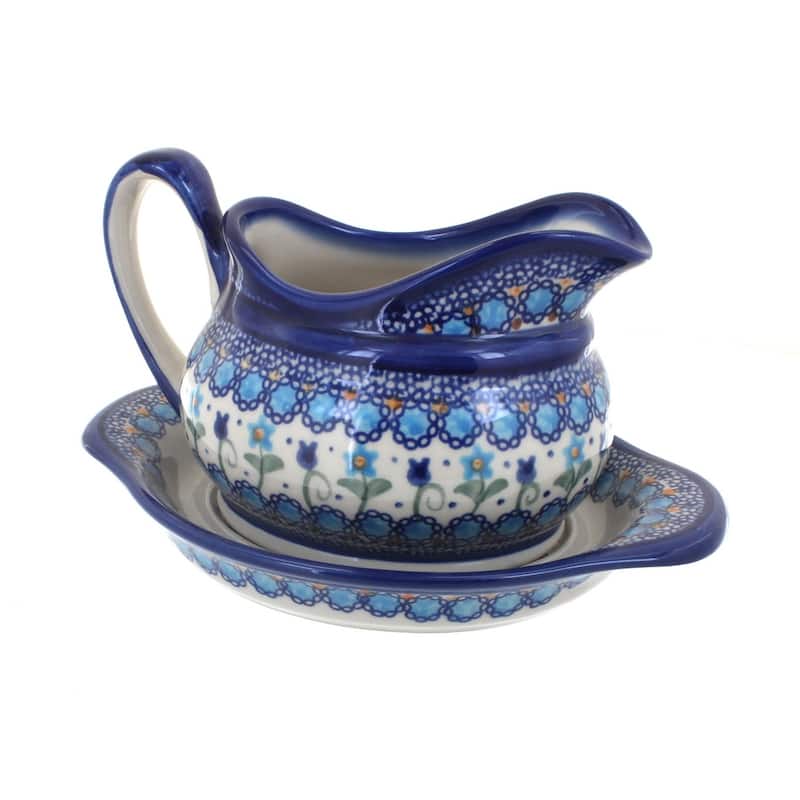 Blue Rose Polish Pottery 128-129 Vena Gravy Boat & Plate