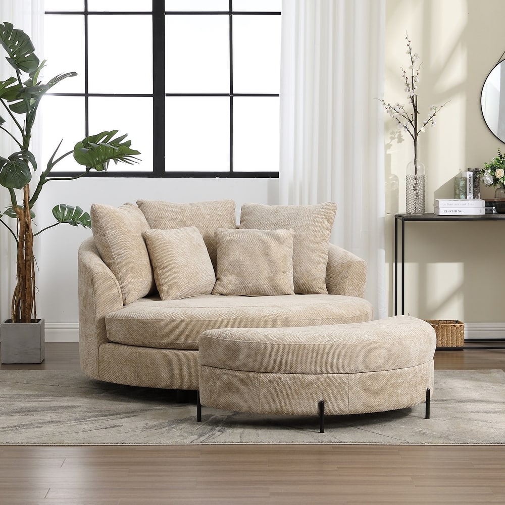 Modern Sofa Chair Round Accent Barrel Chair With 5 Pillows and Storage Ottoman