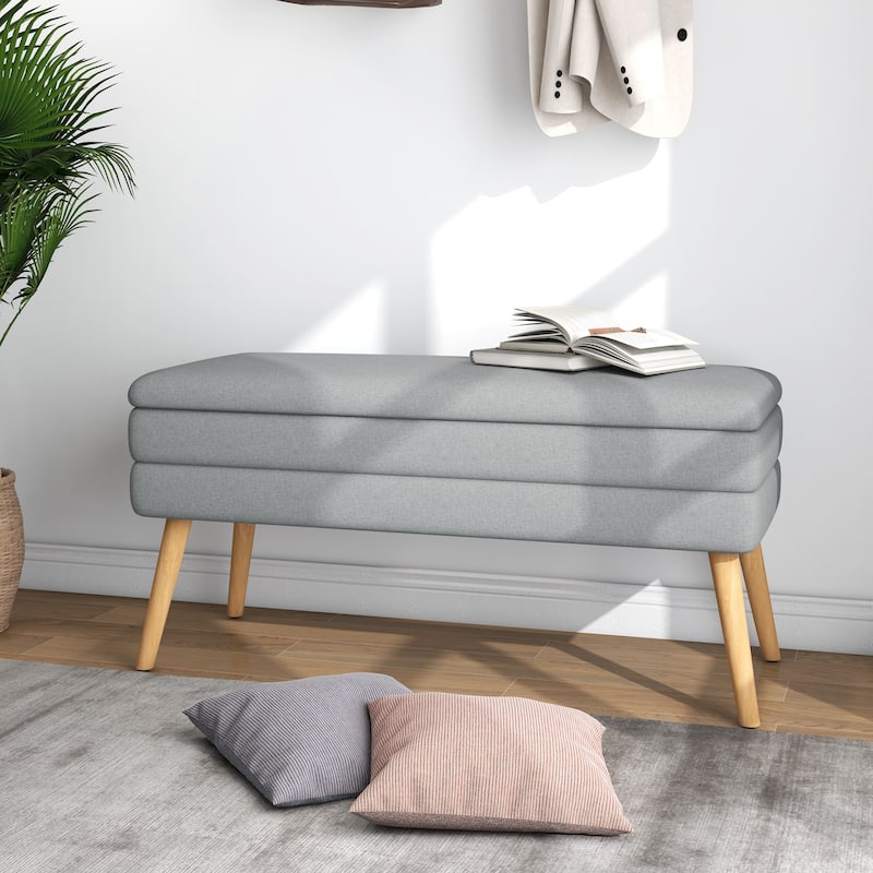 Modern Cotton/Linen Oversize Ottoman Bench with Wood Legs - Grey Bench