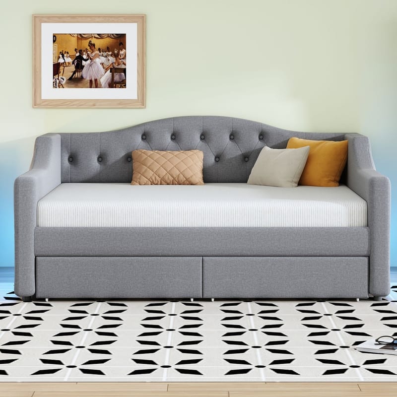 Twin XL Size Upholstered Daybed with LED Belt and 2 Drawers