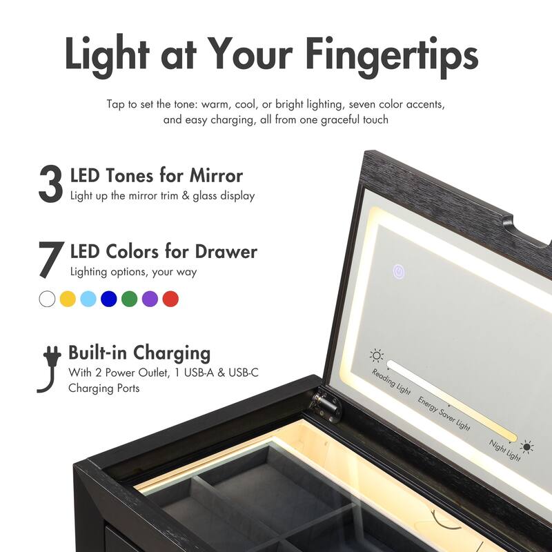 Furniture of America Alaric Modern Wood Black Vanity Set with Storage Stool