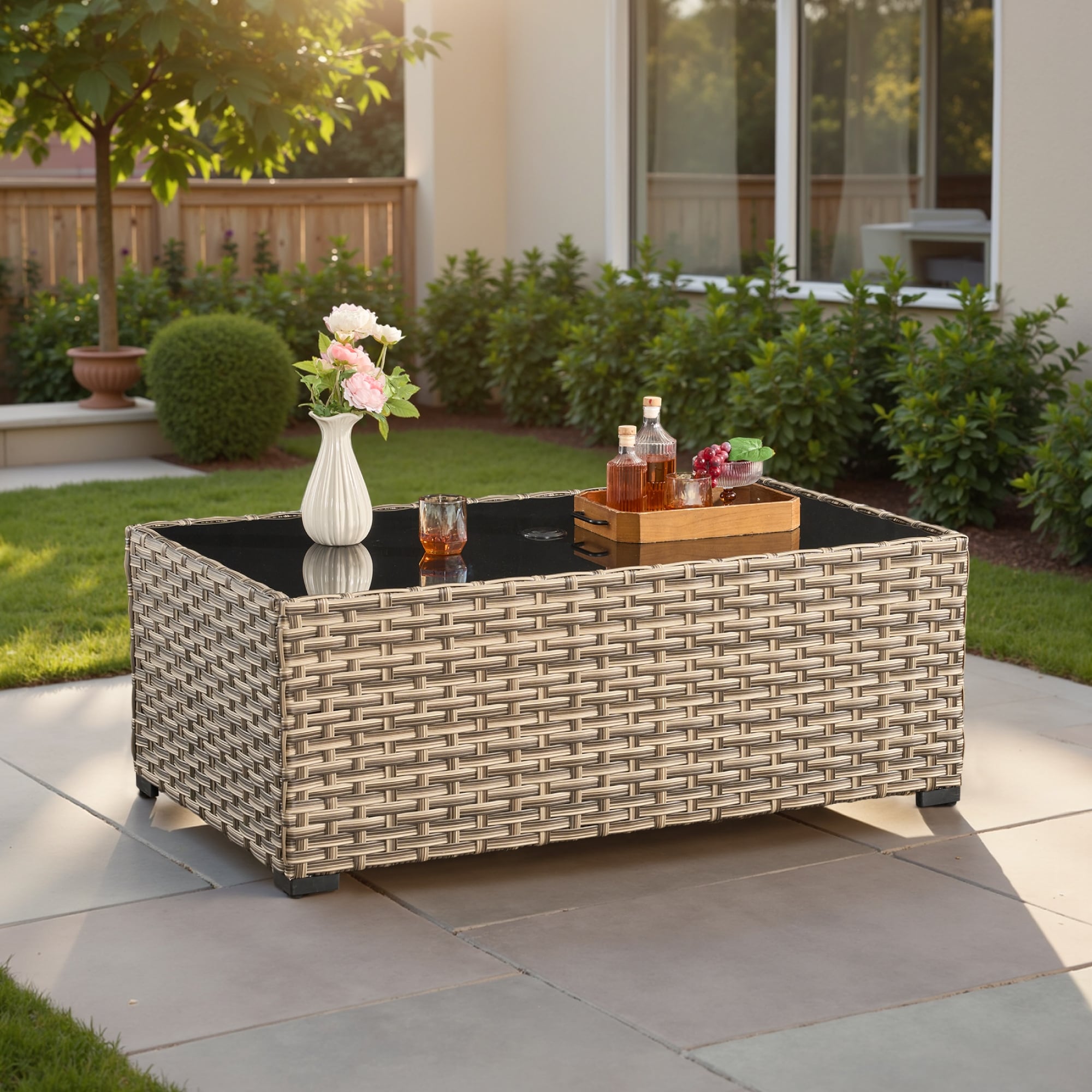 brown wicker patio table with umbrella hole Best Choice Products Rattan Side Outdoor Furniture for Garden, Pool, Deck w/ Enhance your patio ELPOSUN 5-Piece Outdoor Patio Dining