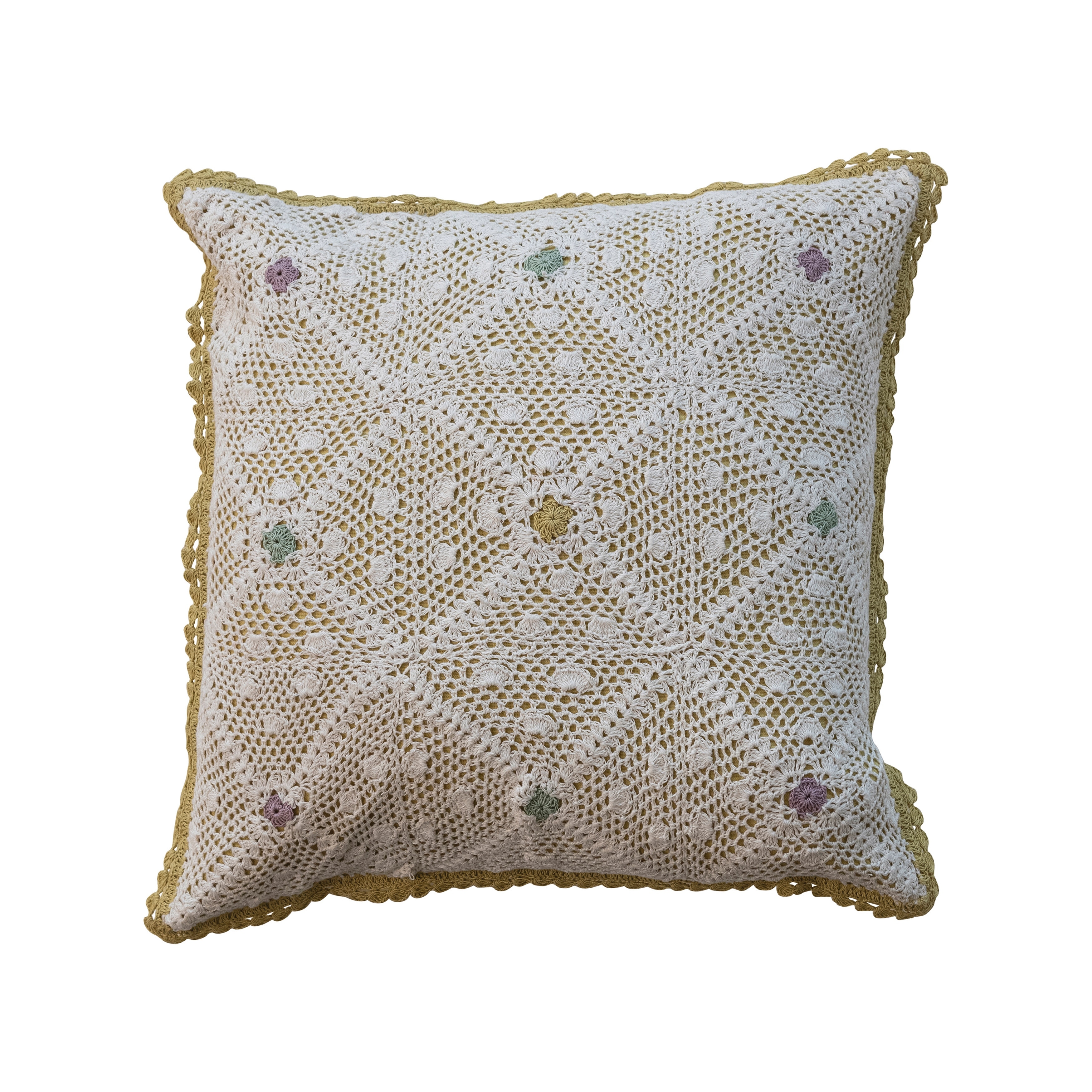 Hand-Woven Reclaimed Cotton Crocheted Pillow with Diamond Pattern - 18.0