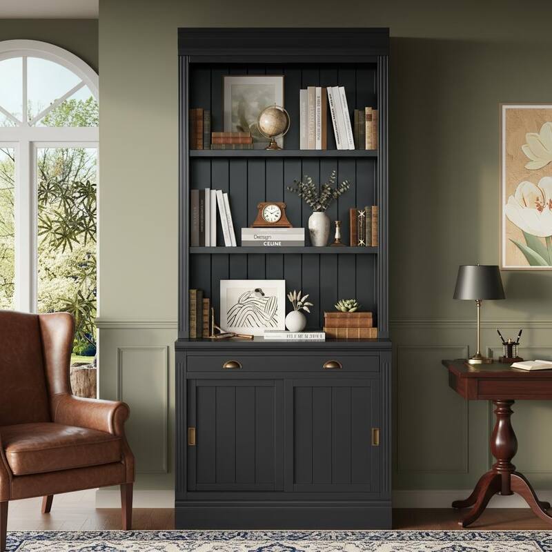 Merax Modern Storage Bookcase with Adjustable Open Shelves, Sliding Cabinet Doors & Anti-Tip Safety