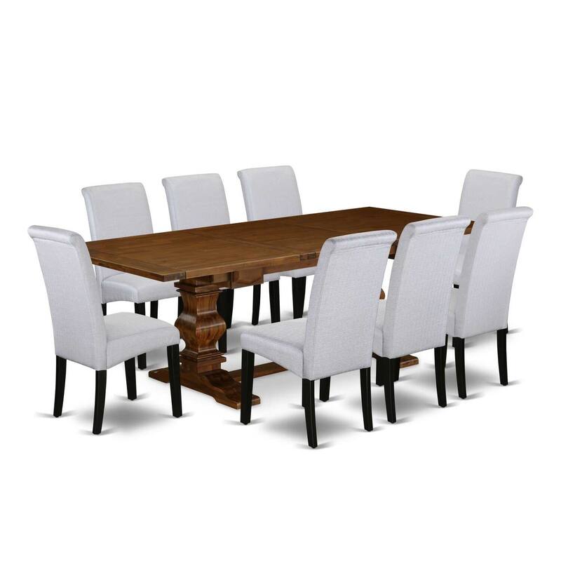 Vintage 9-Piece Kitchen Dining Set with Linen Chairs - Antique Walnut & Black Finish Table Set - 92