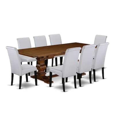 Vintage 9-Piece Kitchen Dining Set with Linen Chairs - Antique Walnut & Black Finish Table Set - 92