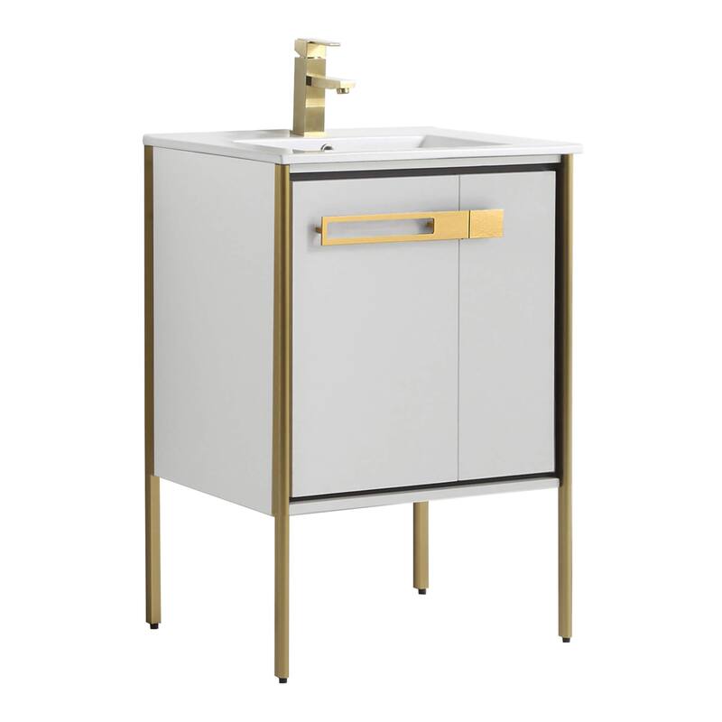 Fine Fixtures Oakville Bathroom Vanity with White Ceramic Sink - 24 Inch - White Matte - Satin Brass Hardware