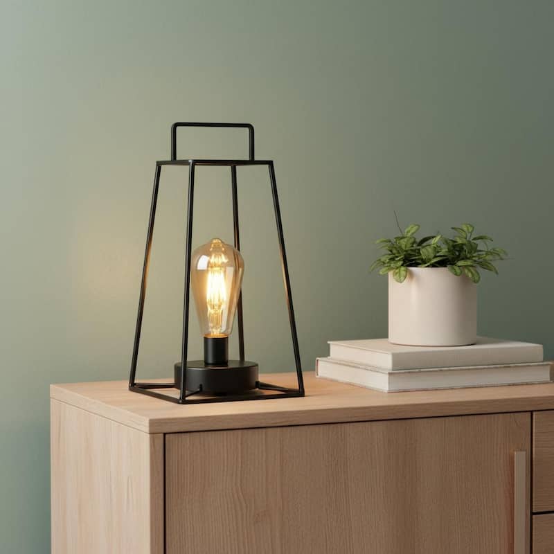 HomeRoots 12" Black Metal Geometric Battery Operated Desk Lamp With Novelty Shade - 4.00 in. x 11.50 in. x 6.00 in. - Black - 4.00 in. x 11.50 in.  x 6.00 in.