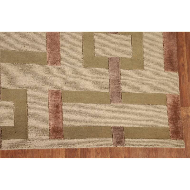 Geometric Beige Nepalese Oriental Area Rug Hand-Knotted Wool Carpet - 9'1" x 12'1"