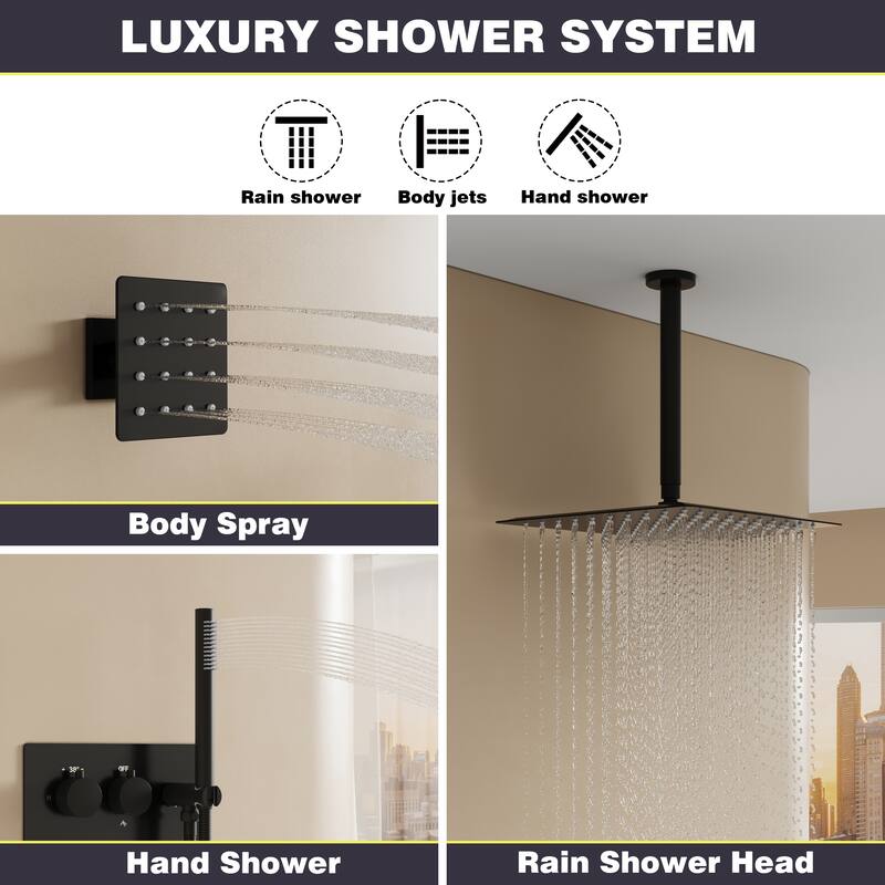3-Function Ceiling-Mounted Shower System With 12" Ultra-Thin Square Shower Head,Body Jets And Hand Shower(Valve Included)