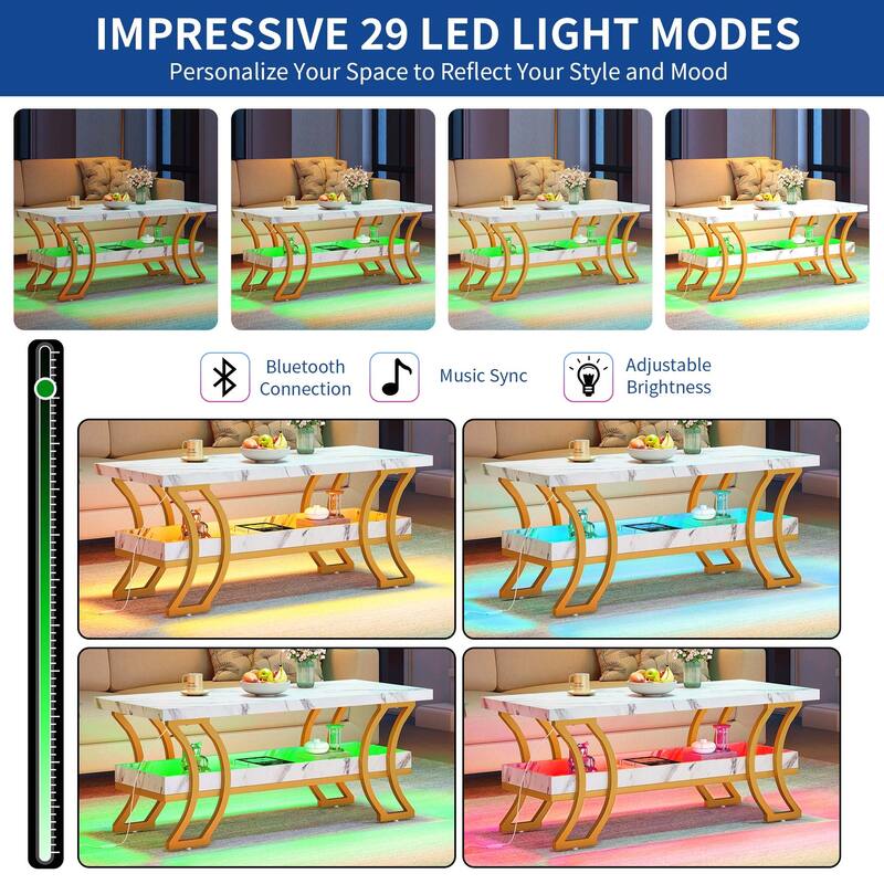 Moasis Modern Marbling Coffee Table 2-Tier Center Table with LED Lights