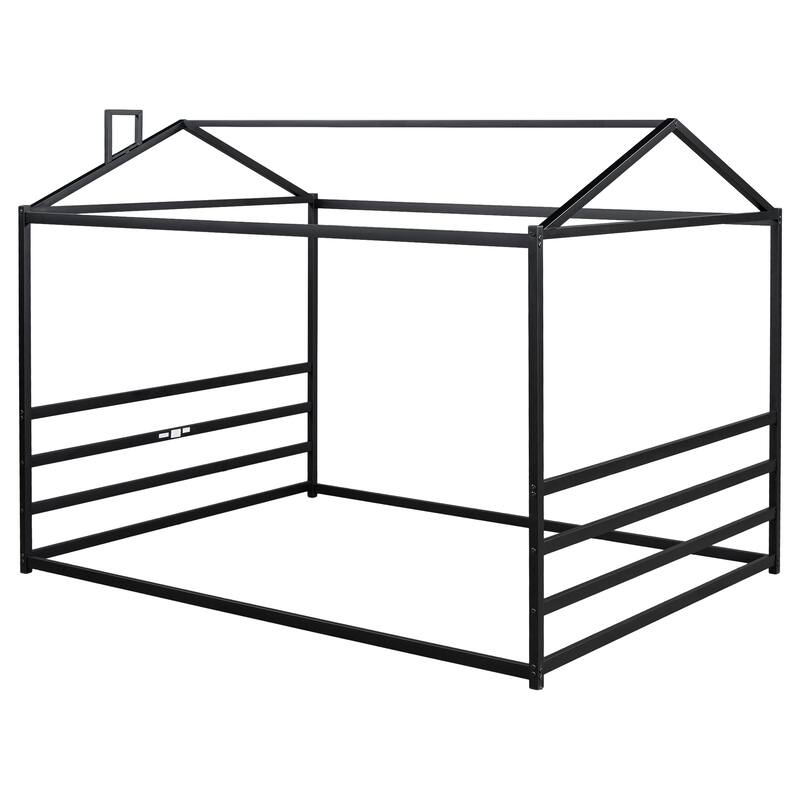 Modern Simple Queen Size Metal House Shape Platform Bed Floor Bed Frame for Kids Teens Adults, Space-Saving, Easy Assembly