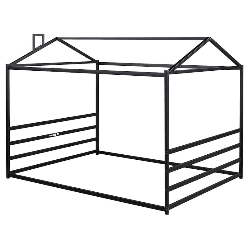 Queen Size Metal House-Shape Canopy Floor Bed Frame
