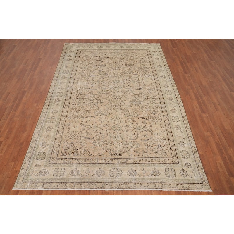 Hand Knotted Oriental 100% Wool Carpet Traditional All-Over Beige & Ivories Tabriz Area Rug - 10' 9'' X 7' 0''