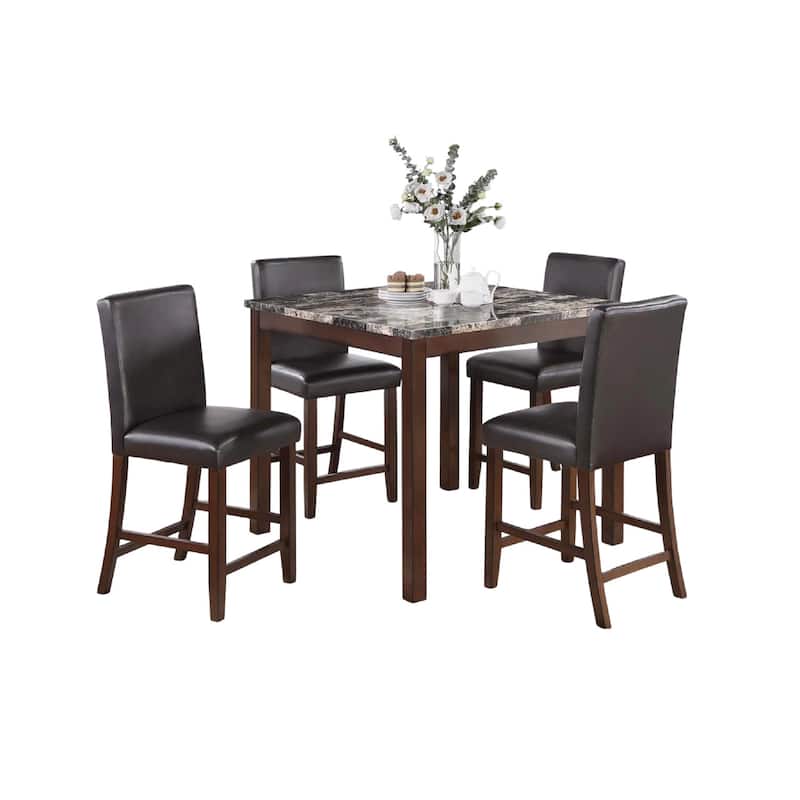 Wesley 5pc Dining Table Set, Black Faux-Leather, Faux Marble, Cherry Brown