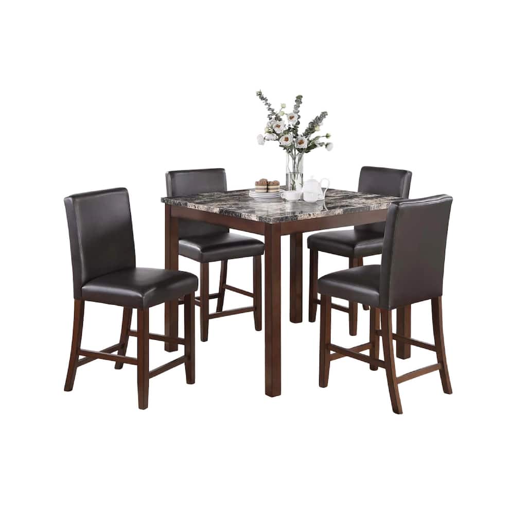 Wesley 5pc Dining Table Set, Black Faux-Leather, Faux Marble, Cherry Brown