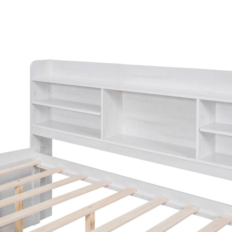 Full Size Wooden Bed with Bookcase Headboard, Three Storage Drawers, and Trundle for Space-Saving Design