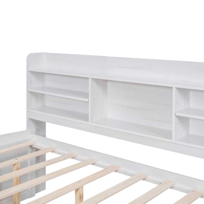 White Full Size Wooden Captain Platform Bed with Built-in Bookshelves, Three Storage Drawers and Trundle