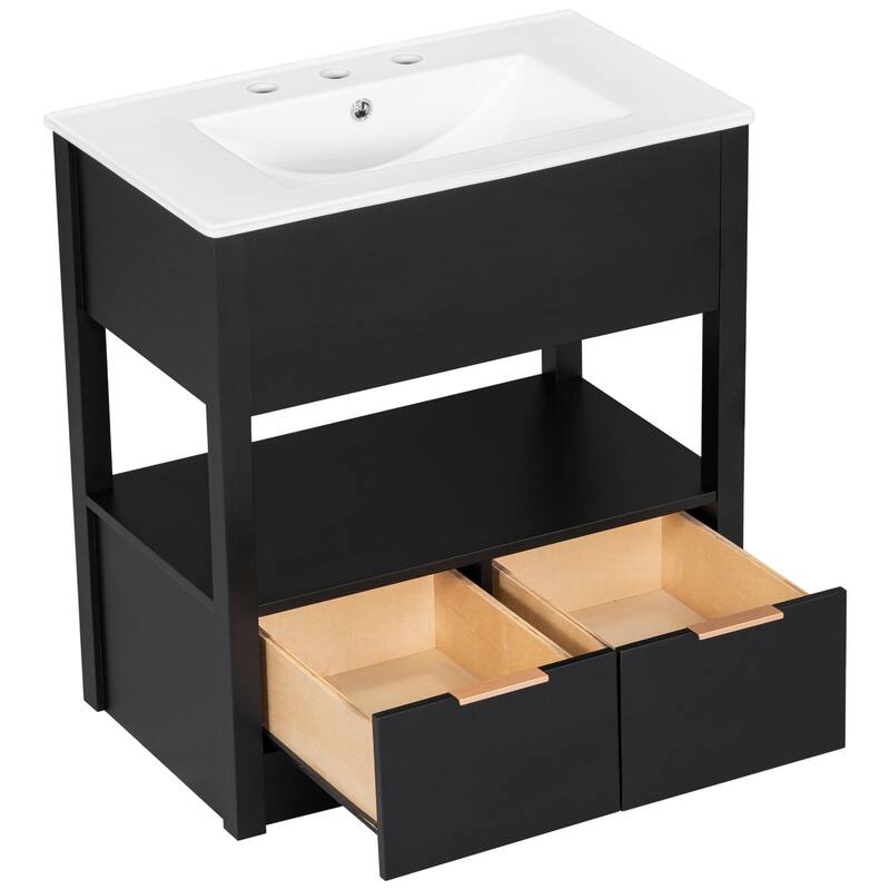 30" Bathroom Vanity with Sink Top, Bathroom Cabinet with Open Storage Shelf and Two Drawers, One Package