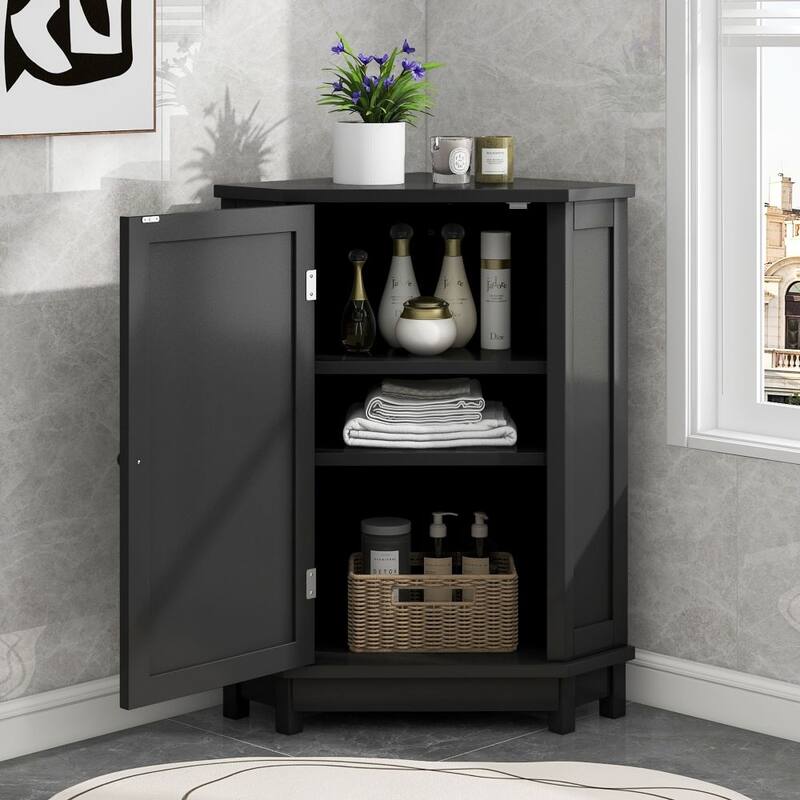 Bathroom Cabinet Triangle Corner Storage Cabinet - Black - Natural Finish