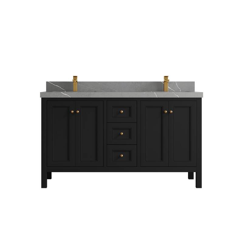 Willow Collections 60 in. W x 22 in. D Nashville Double Bowl Sink Bathroom Vanity with Countertop - 2”Piatra Gray - Black