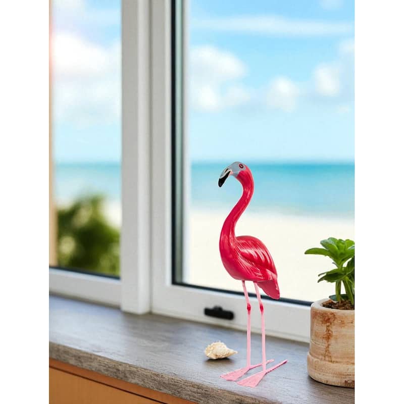 Wood Flamingo Figurine Hand Carved Tropical Bird Sculpture, Coastal Summer Decor