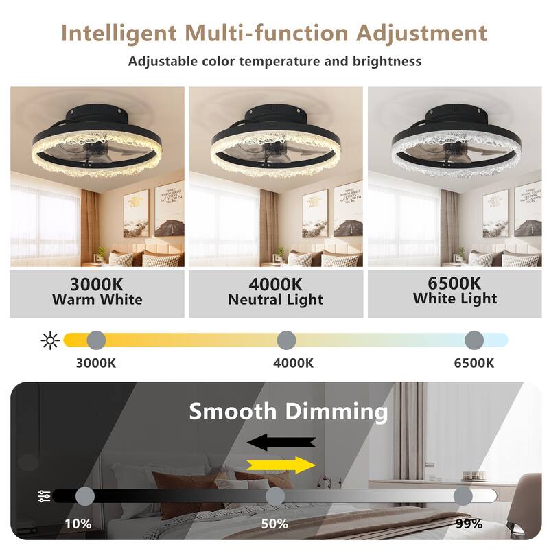 16" Decorative LED Ceiling Fan Light - Modern Flush Mount with Crystal-Inspired Acrylic Ring, Hidden Blades, Remote Control