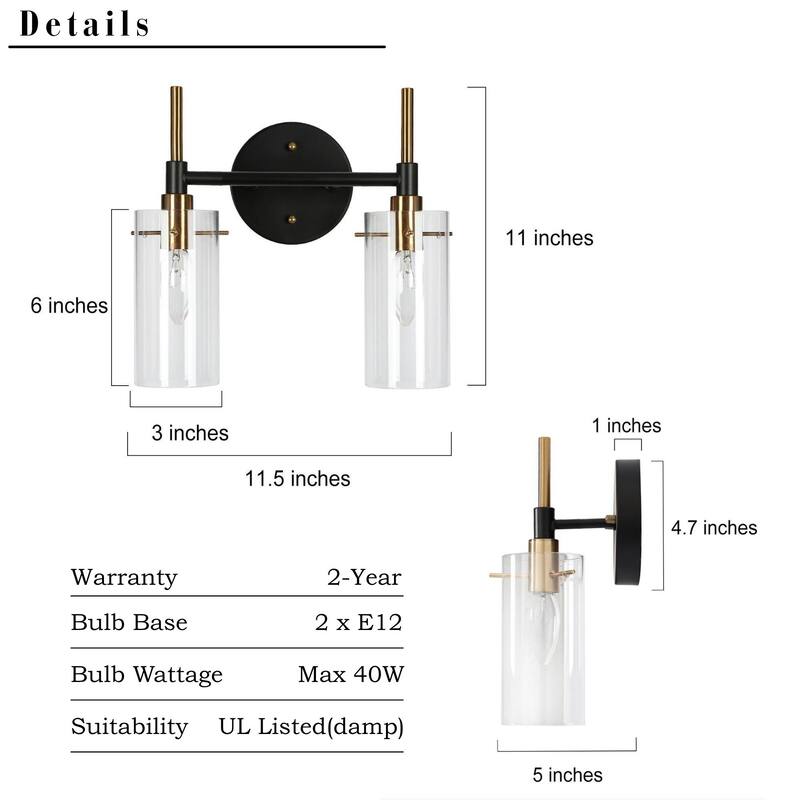 Modern Black Gold Bathroom Vanity Light Dimmable Wall Sconces with Cylinder Clear Glass
