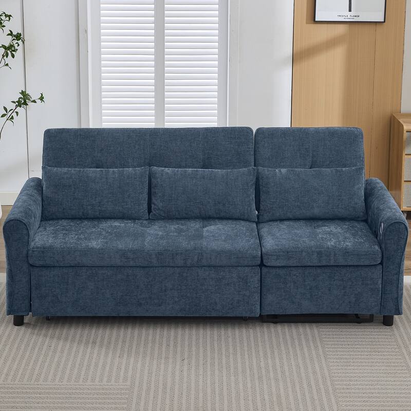 82″ Chenille 2-in-1 Sofa Bed with Adjustable Backrest, Reversible Chaise & USB Ports