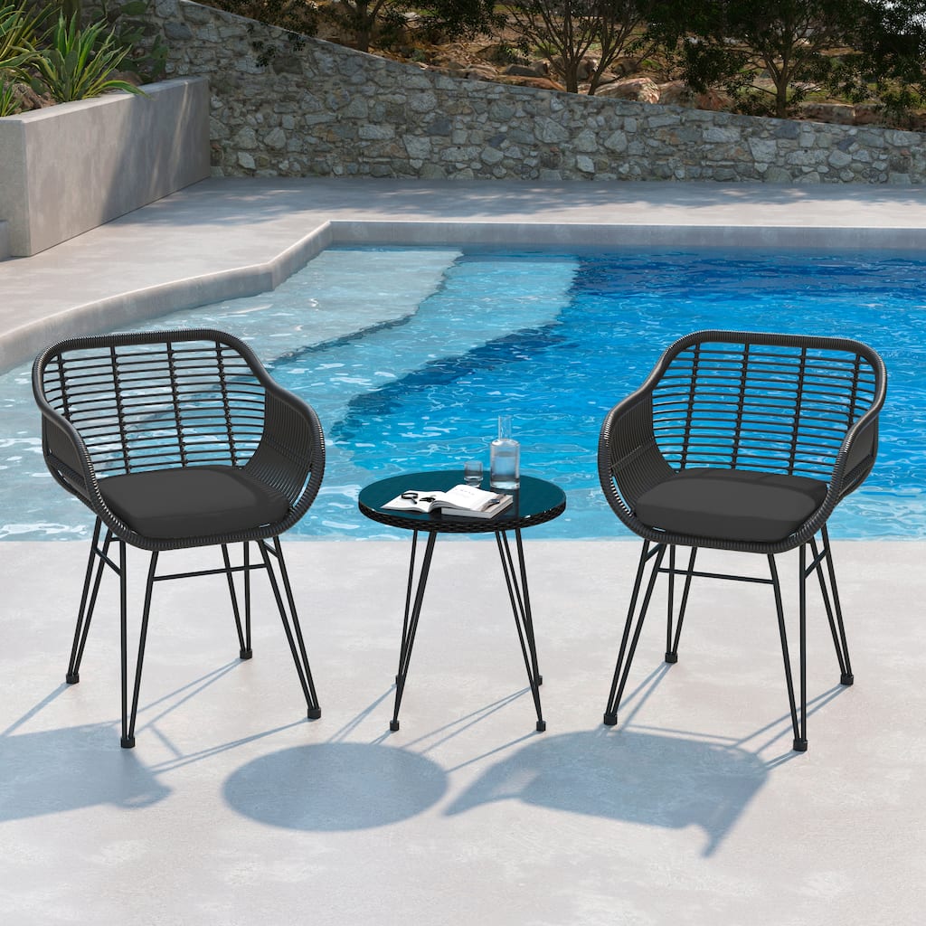 3-piece Outdoor Wicker Rattan Cushioned Bistro Set With Table